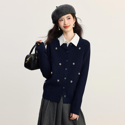 【周末秒杀】熙世界细纺云柔纱钉珠针织开衫女2025秋冬新款圆领长袖毛衣短外套 商品图2