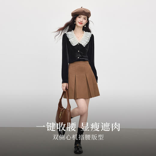 【09/26新品】熙世界法式千金风黑色金丝绒衬衫女秋冬季优雅网纱荷叶边V领上衣 商品图2