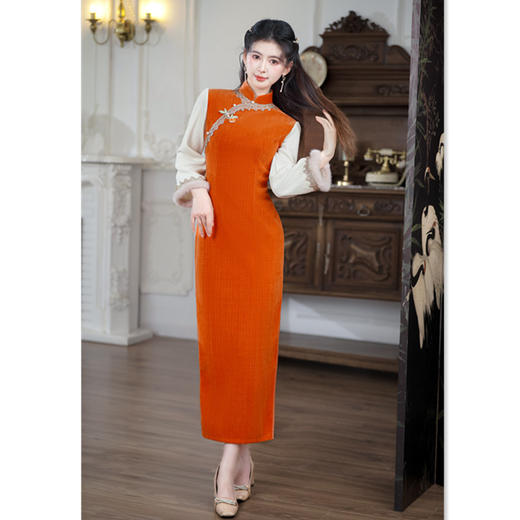 SKY 907946时尚拼接长款倒大袖旗袍改良新中式日常旗袍裙 商品图2