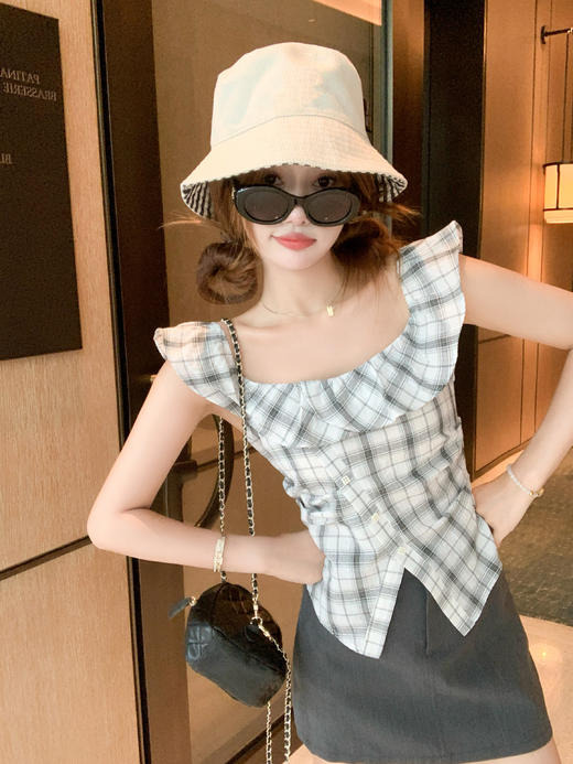 <曾小咸推荐>3.29现货秒杀！微信超特价！韩系一字肩排扣开叉格子衬衫 日常119.99 立减60 秒杀59.99！ 商品图5