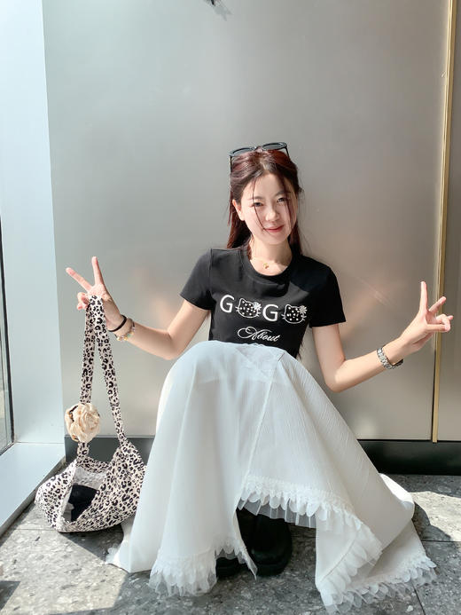 【110元任选2件】最后一波现货！2色韩系简约珍珠卡通猫修身百搭短袖T恤 商品图4