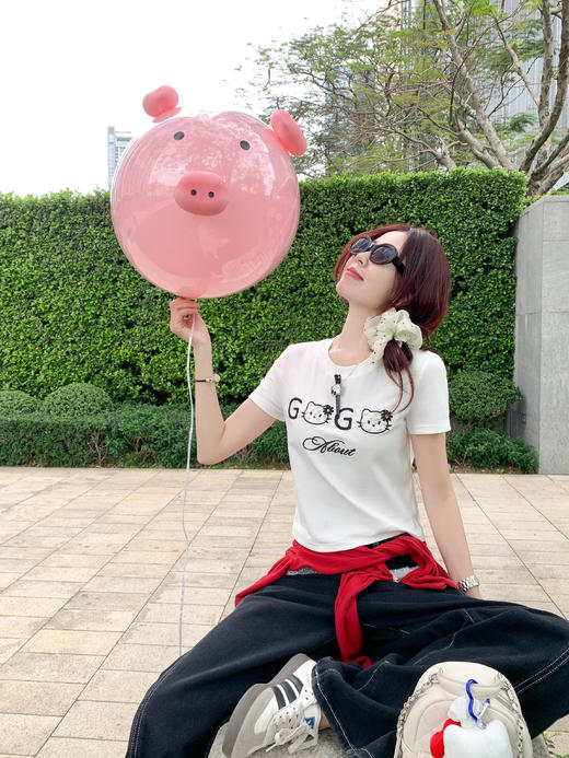 【110元任选2件】最后一波现货！2色韩系简约珍珠卡通猫修身百搭短袖T恤 商品图8