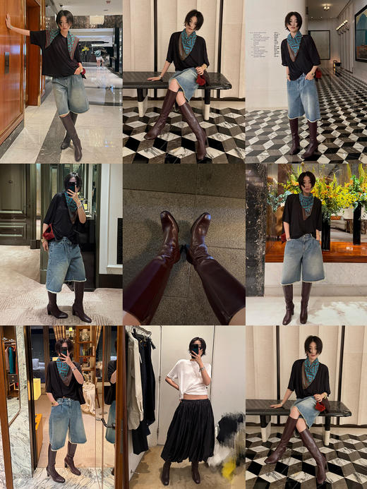 HIDEMI 复古圆头高筒靴粗跟高跟及膝盖靴不过膝长靴头层牛皮骑士靴 商品图1