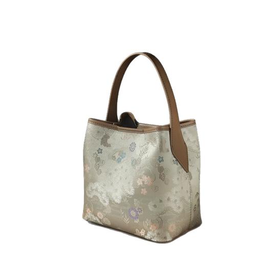 丁摩 新中式新宋锦水桶女包国风四合花紫绿色单肩斜挎牛皮包 5ZF-43 商品图4