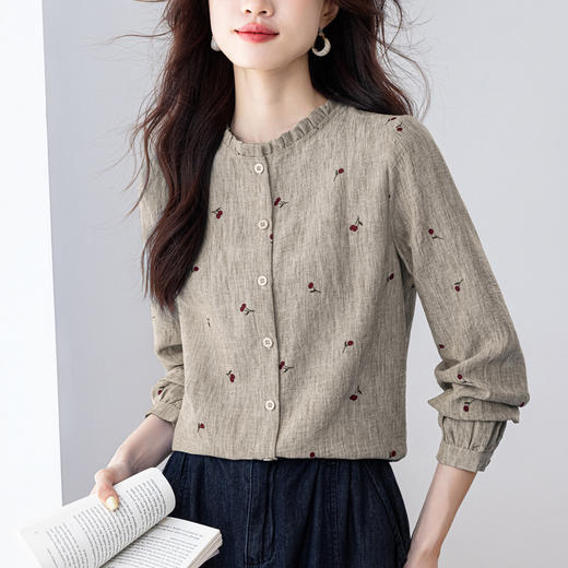 KQL仿麻樱桃印花衬衫女秋季2025新款木耳边立领长袖百搭显瘦洋气上衣 商品图3