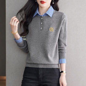 CC针织假两件上衣女2025春秋新款衬衫领毛衣拼接条纹时尚长袖打底衫