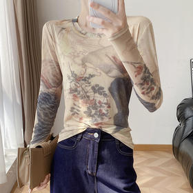 KQL欧货2025秋冬时尚纱网印花定位花长袖圆领修身显瘦洋气上衣潮