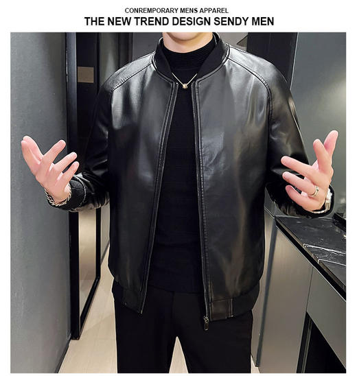 2025秋冬新款男士机车皮衣薄款开衫拉链设计工装长袖修身帅气纯色 商品图1