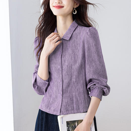 KQL2025年秋季新款亚麻百搭修身长袖刺绣灯笼袖衬衫宽松显瘦上衣批发 商品图1