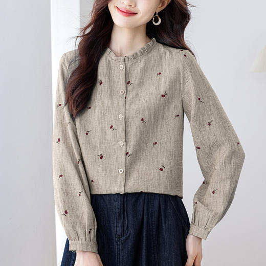 KQL仿麻樱桃印花衬衫女秋季2025新款木耳边立领长袖百搭显瘦洋气上衣 商品图1