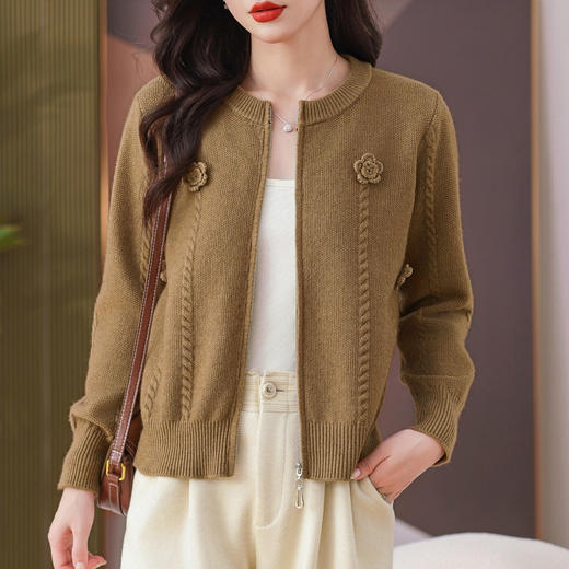 CC圆领拉链休闲女士短外套2025秋季新款立体花朵针织开衫春秋棒球服 商品图2