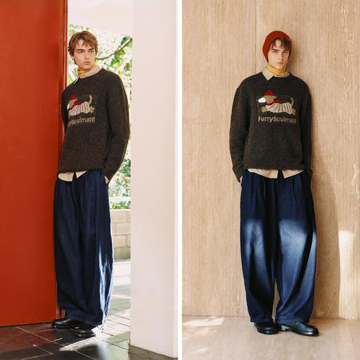 森马毛衫男冬季萌宠提花针织衫2025新款美式复古潮流宽松套头毛衣 商品图4