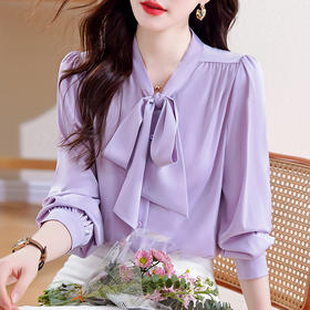 KQL现货时尚韩版系带衬衣2025春季新款休闲缎面OL通勤单排扣职业衬衫