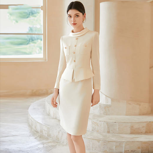 IWY/米色醋酸假两件连衣裙气质高端女神范圆领正装千金风套装裙Q1212 商品图0