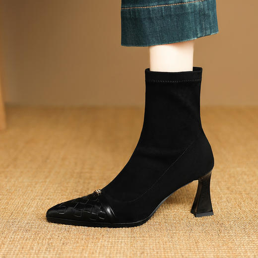 OLD M6593法式复古尖头高跟短靴细跟编织英伦风马丁靴性感及踝靴 商品图3