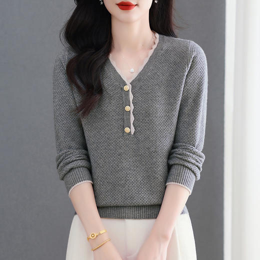 CC女士早秋红色毛衣撞色领边针织衫长袖上衣秋装2025新款V领打底衫 商品图2