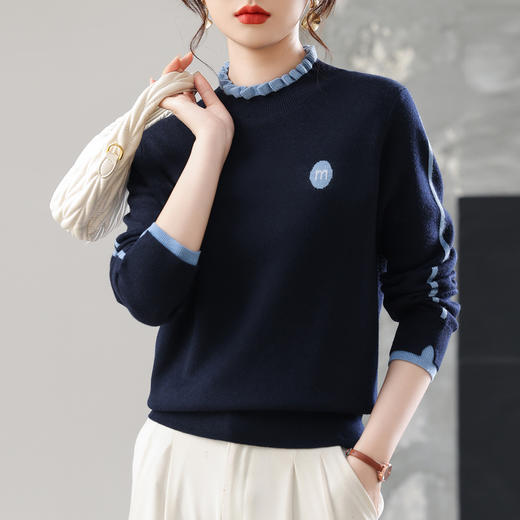 CC木耳边撞色毛衣女士秋装2025新款小立领假两件上衣洋气针织打底衫 商品图3