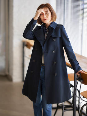 23区日系春季通勤直筒棉混纺双排扣中长款风衣腰带长外套商场同款