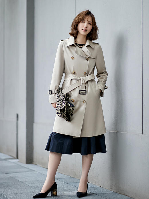 23区日系春季通勤直筒棉混纺双排扣中长款风衣腰带长外套商场同款 商品图3