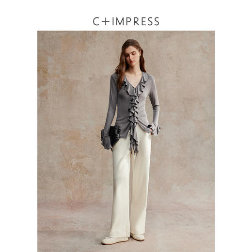 C+IMPRESS/西嘉兰精天丝羊毛花瓣边针织开衫上衣不规则造型感25冬 商品图3