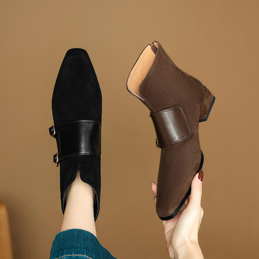 OLD K1775法式尖头小短靴粗跟翻皮靴子皮带扣中跟及踝裸靴 商品图0