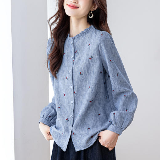 KQL仿麻樱桃印花衬衫女秋季2025新款木耳边立领长袖百搭显瘦洋气上衣 商品图2