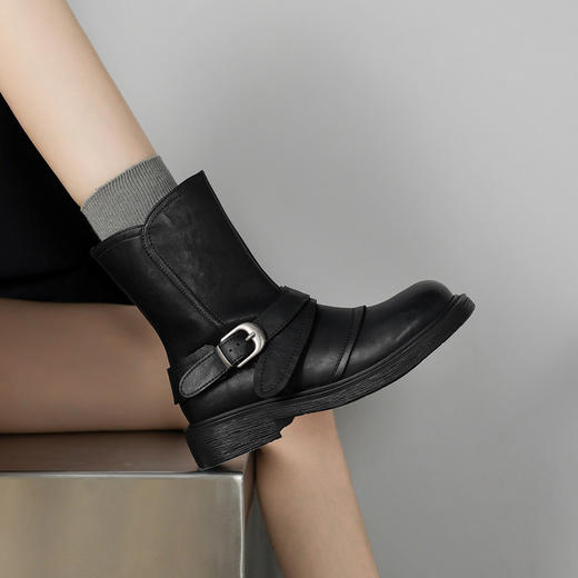 【预售5天】超好看！百搭交叉绑带真皮短靴，圆头粗跟侧拉链西部靴MX&mx35061 商品图2