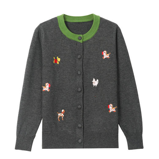 CC圆领撞色针织开衫女士秋装2025新款气质长袖上衣趣味刺绣毛衣外套 商品图4