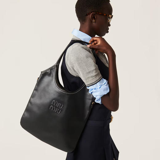 Miu Miu 女士皮革刻字徽标 IVY 皮革单肩包 黑色 5BG231 2CRW F0002 VMLN 商品图3