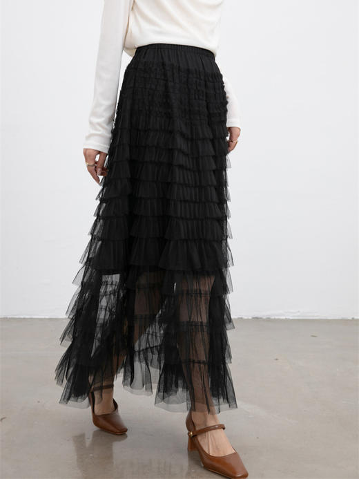 「自」全新升级【铂金会员174/天猫229/差价55】(02655)洛诗琳新款荷叶边网纱半身裙2025秋季复古流苏显瘦高腰大摆压褶A字裙 商品图2