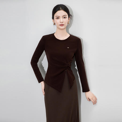 「高货wl」全新升级【铂金会员183/天猫249/差价66】(65903)洛诗琳复古设计感植绒长袖T恤2025秋季扭结收腰丝绒上衣 商品图0