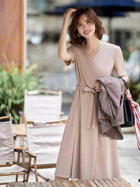 23区日系春夏季通勤修身混纺V领短袖连衣裙可系带连身裙商场同款