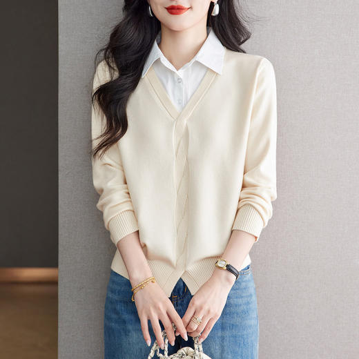 CC秋季衬衫领长袖针织t恤女2025新款气质洋气打底衫内搭假两件上衣 商品图3