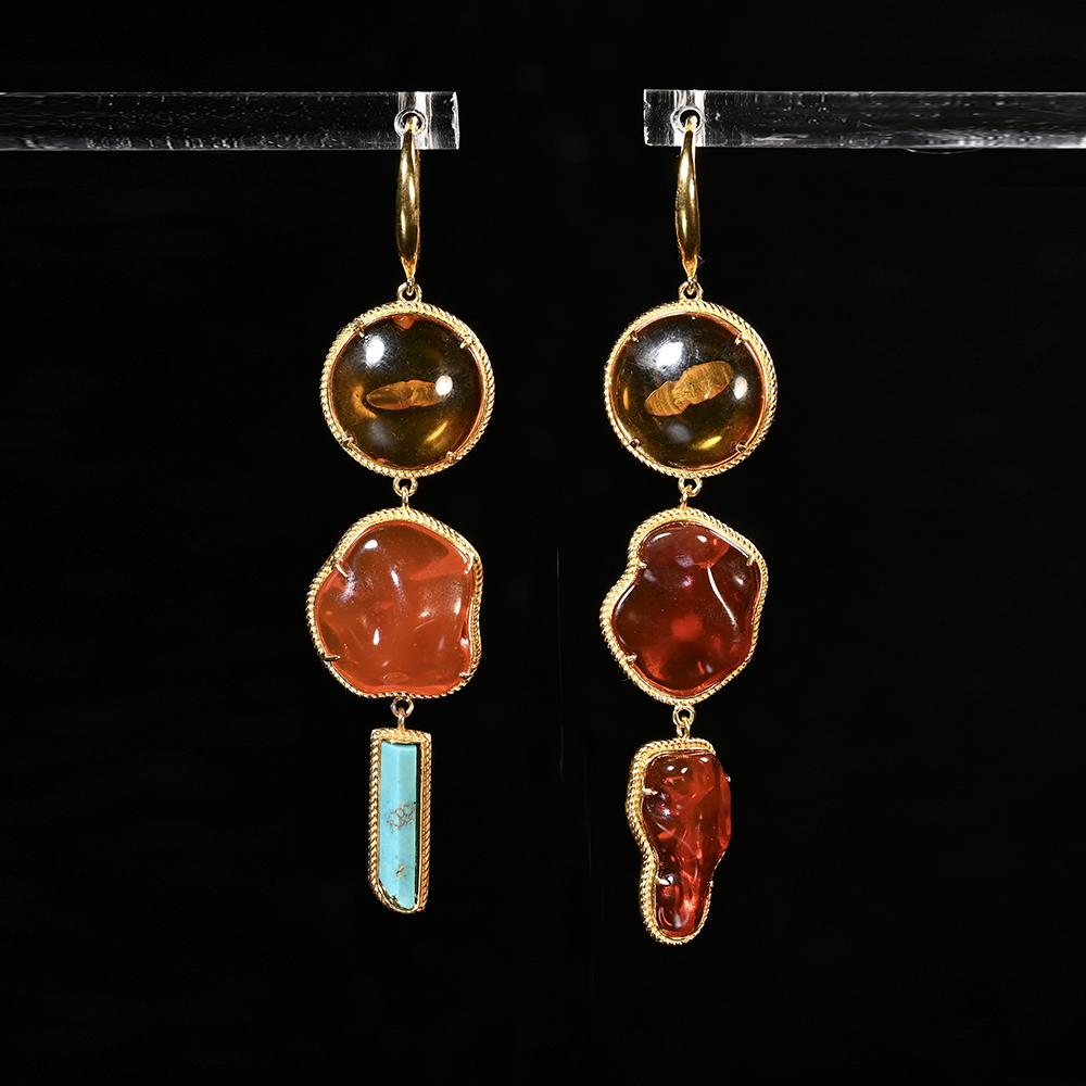 清代琥珀扣子+唐代绿松石+墨西哥火欧泊耳环