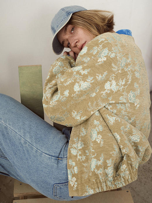 TR她热 流光映像 卡其色撞蓝色廓形新中式复古宽松休闲夹克外套 商品图2