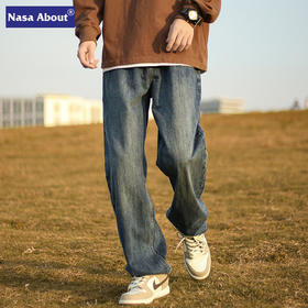 NASA复古水洗牛仔裤男秋冬季加绒美式高街裤子潮宽松阔腿直筒长裤
