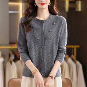 CC圆领针织开衫女春秋立体小花+精致纽扣设计长袖 百搭短款毛衣女