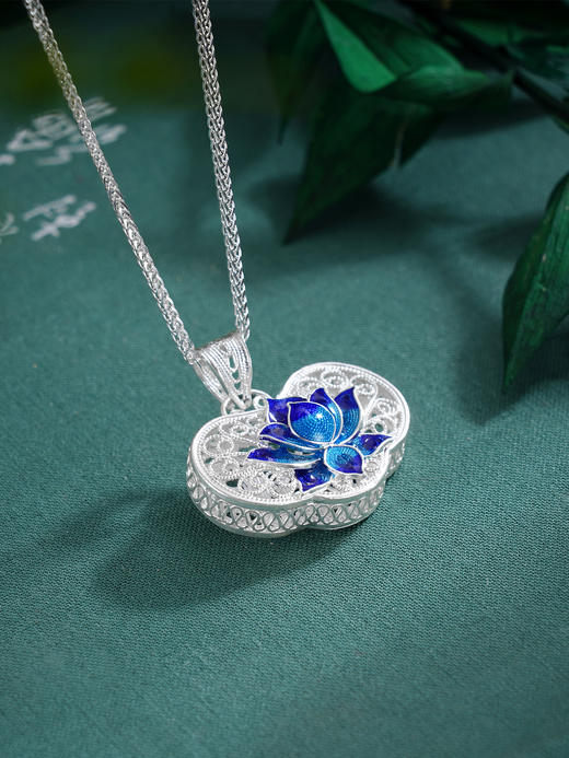 子佩集S990银【荷花福来】套链项链【MXDZ021】纯银花丝蓝色莲花荷花2509 商品图2