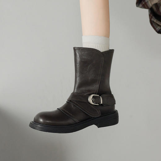 【预售5天】超好看！百搭交叉绑带真皮短靴，圆头粗跟侧拉链西部靴MX&mx35061 商品图3