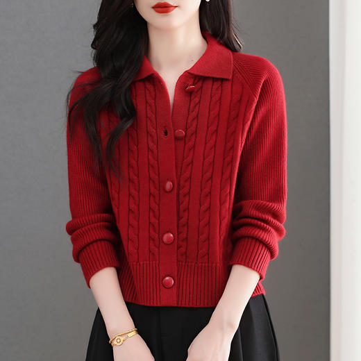 CC翻领绞花毛衣开衫外套女士春秋季2025新款气质外搭短款针织衫上衣 商品图1