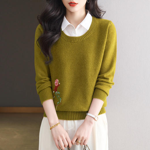 CC衬衫领假两件长袖t恤女装2025新款秋季打底衫女内搭洋气针织上衣 商品图1