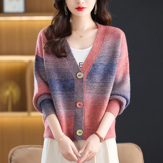 CC韩系撞色彩虹条纹针织开衫女2025秋季新款慵懒风时尚减龄显瘦上衣 商品图3