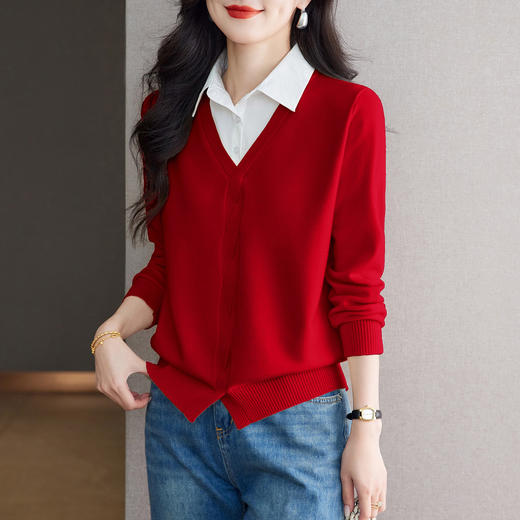 CC秋季衬衫领长袖针织t恤女2025新款气质洋气打底衫内搭假两件上衣 商品图0