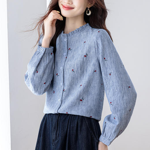 KQL仿麻樱桃印花衬衫女秋季2025新款木耳边立领长袖百搭显瘦洋气上衣 商品图0