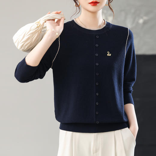 CC女士早秋薄款上衣撞色边圆领针织衫洋气秋装2025新款打底毛衣 商品图3