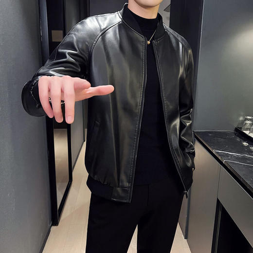 2025秋冬新款男士机车皮衣薄款开衫拉链设计工装长袖修身帅气纯色 商品图6