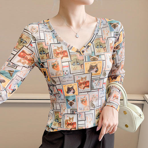 KQL欧货女装2025秋冬时尚洋气高弹网长袖印花V领T恤打底衫上衣批发 商品图0