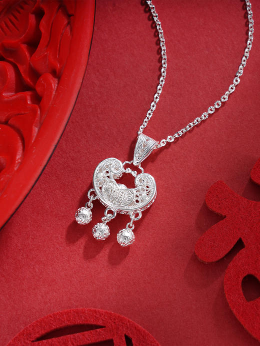 子佩集S990银【清福祥绘】套链【QLTL001】纯银花丝元宝锁项链双面花2509 商品图5