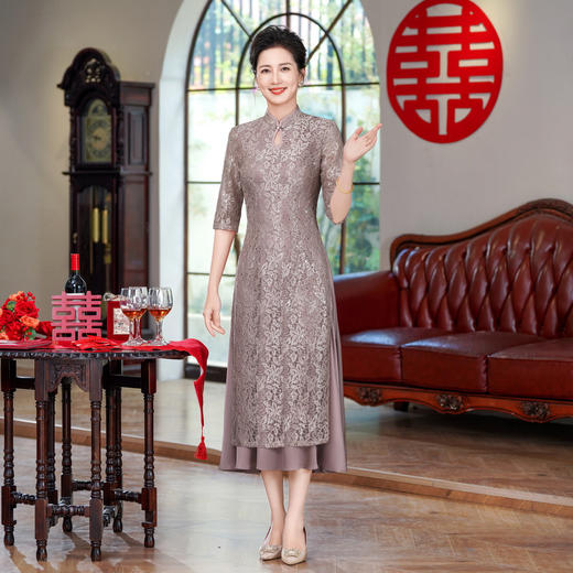 高级感旗袍连衣裙婚礼国潮婚宴装妈妈装气质中袖HYX25-271 商品图1