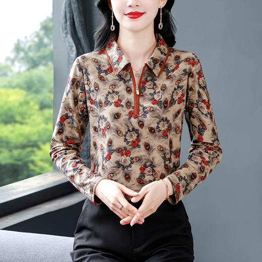 KQL现货新款秋冬打底衫薄绒中老年碎花上衣长袖内搭T恤女士 商品图1
